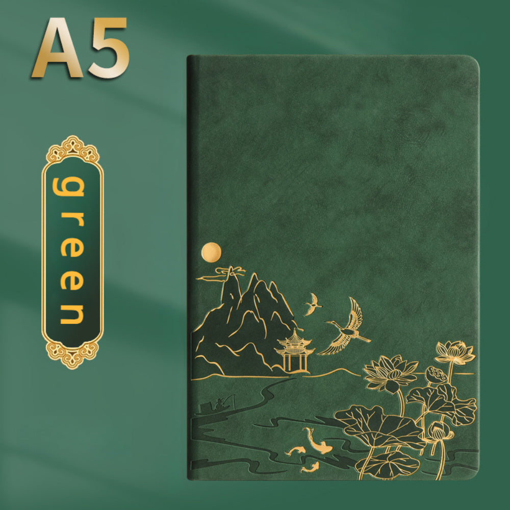 1 Pack Chinese Landscape Faux Leather Notebook and Pen Set with Traditional Artistic Design and Embossed Cover