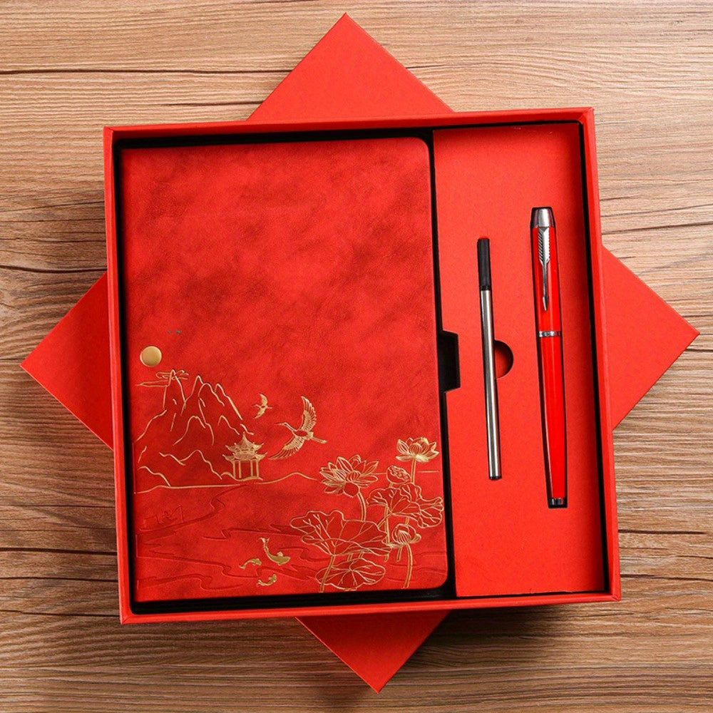 1 Pack Chinese Landscape Faux Leather Notebook and Pen Set with Traditional Artistic Design and Embossed Cover