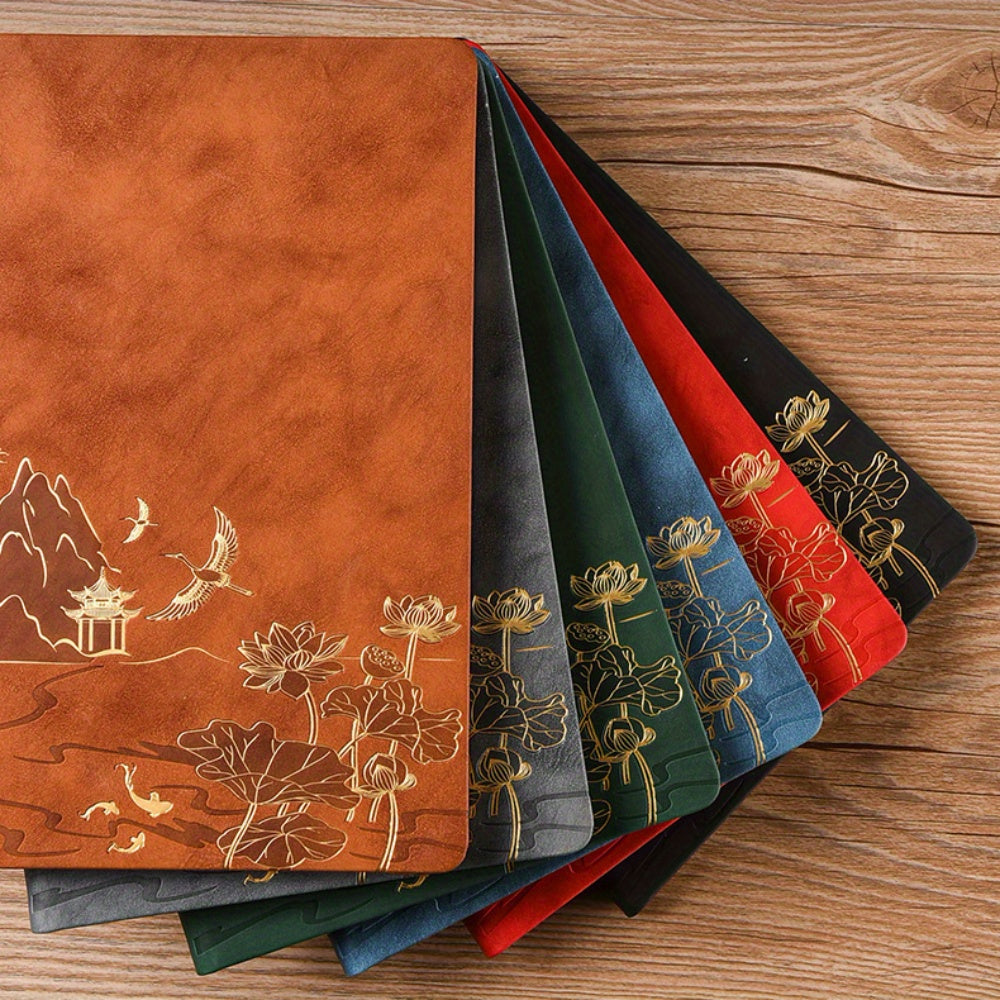 1 Pack Chinese Landscape Faux Leather Notebook and Pen Set with Traditional Artistic Design and Embossed Cover