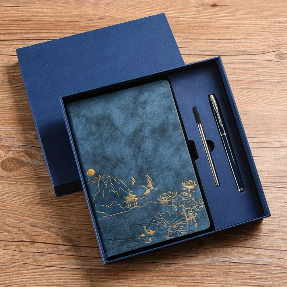 1 Pack Chinese Landscape Faux Leather Notebook and Pen Set with Traditional Artistic Design and Embossed Cover