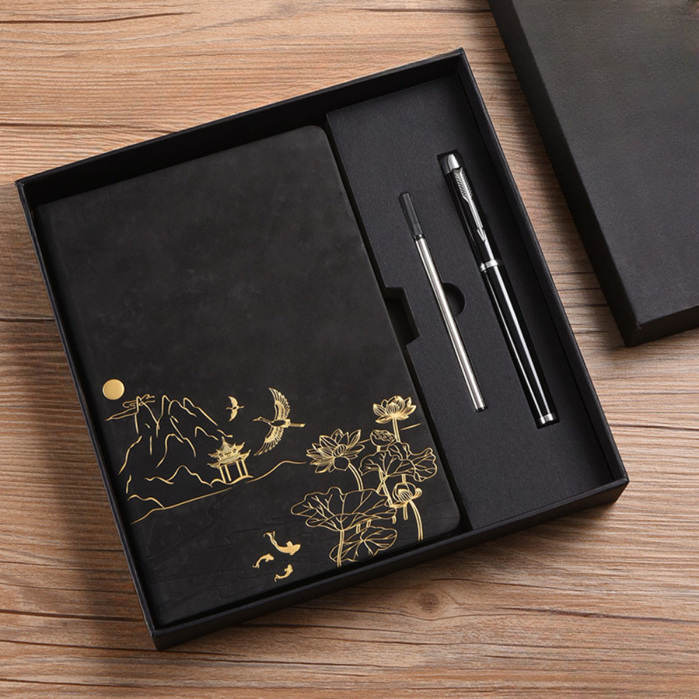 1 Pack Chinese Landscape Faux Leather Notebook and Pen Set with Traditional Artistic Design and Embossed Cover