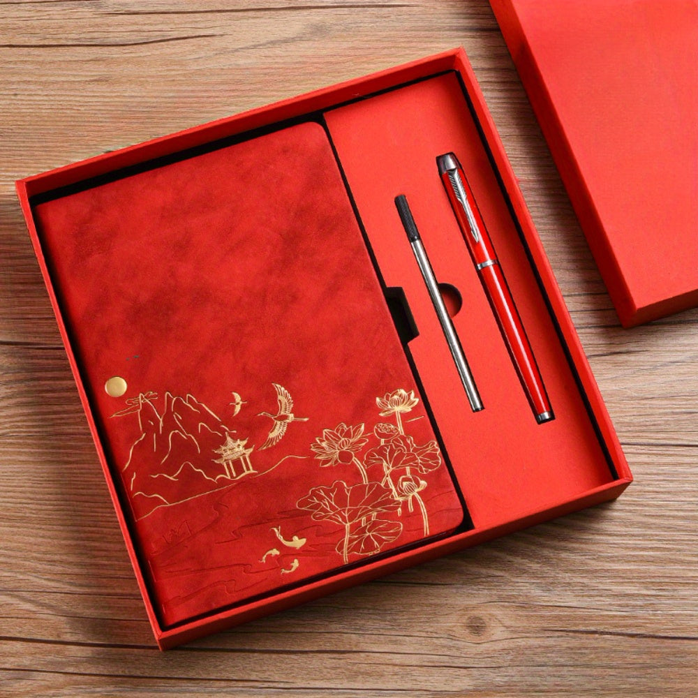 1 Pack Chinese Landscape Faux Leather Notebook and Pen Set with Traditional Artistic Design and Embossed Cover