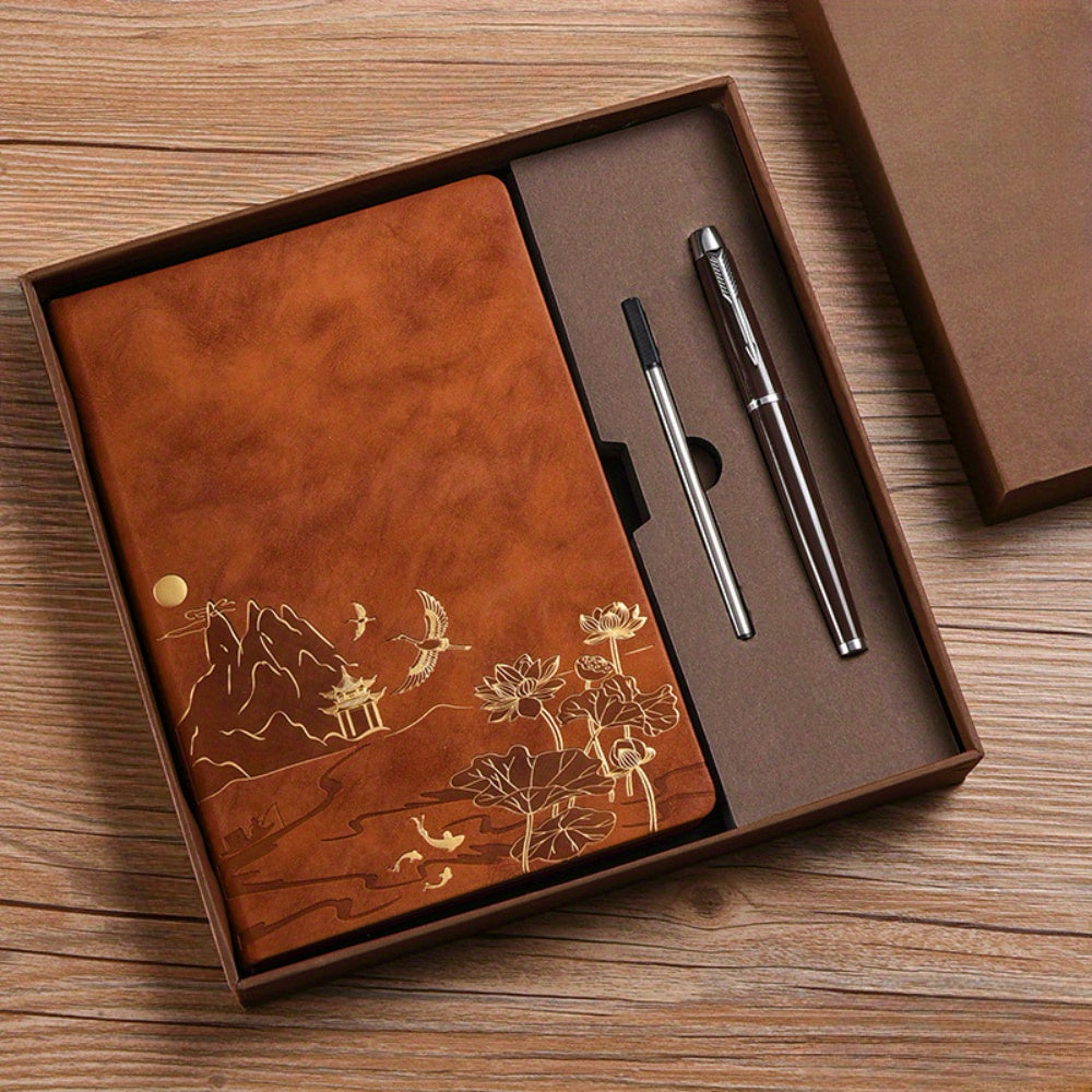 1 Pack Chinese Landscape Faux Leather Notebook and Pen Set with Traditional Artistic Design and Embossed Cover