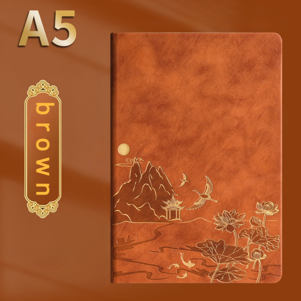 1 Pack Chinese Landscape Faux Leather Notebook and Pen Set with Traditional Artistic Design and Embossed Cover