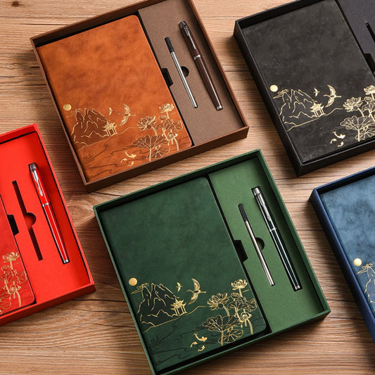 1 Pack Chinese Landscape Faux Leather Notebook and Pen Set with Traditional Artistic Design and Embossed Cover