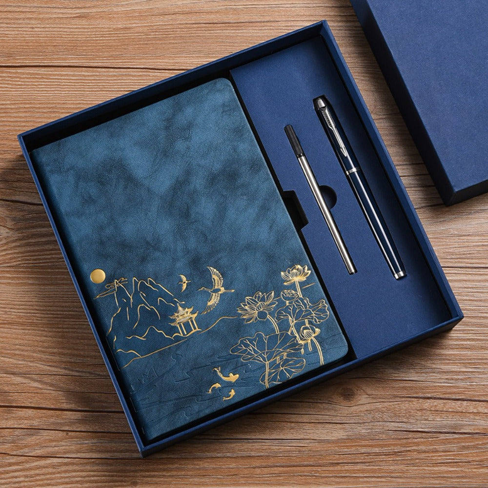 1 Pack Chinese Landscape Faux Leather Notebook and Pen Set with Traditional Artistic Design and Embossed Cover