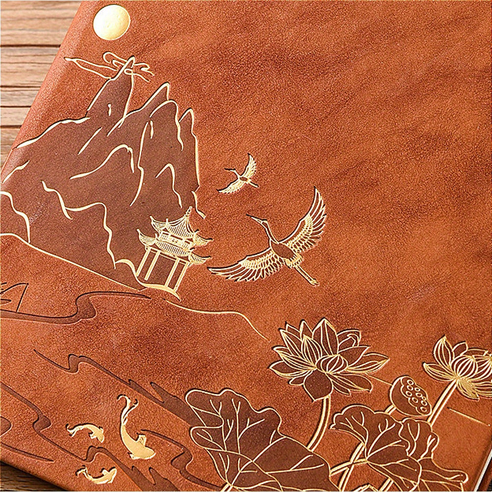 1 Pack Chinese Landscape Faux Leather Notebook and Pen Set with Traditional Artistic Design and Embossed Cover