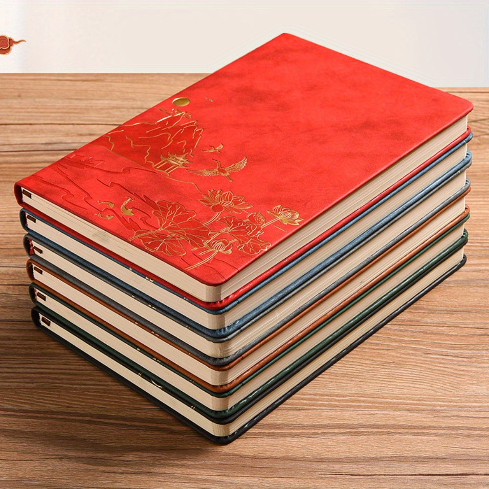 1 Pack Chinese Landscape Faux Leather Notebook and Pen Set with Traditional Artistic Design and Embossed Cover