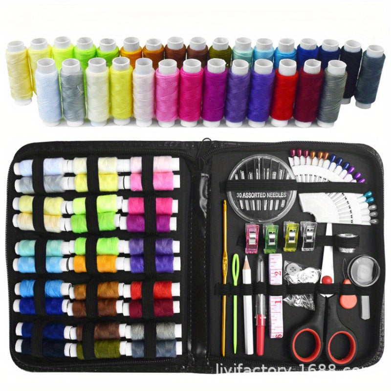 Deluxe sewing kit includes 100pcs, 30 vibrant thread colors, scissors, needles, pins, and more - perfect for quick repairs and travel projects.