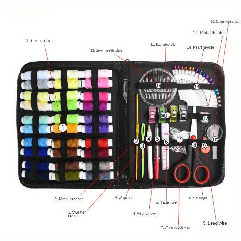 Deluxe sewing kit includes 100pcs, 30 vibrant thread colors, scissors, needles, pins, and more - perfect for quick repairs and travel projects.