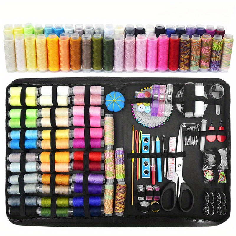 Deluxe sewing kit includes 100pcs, 30 vibrant thread colors, scissors, needles, pins, and more - perfect for quick repairs and travel projects.