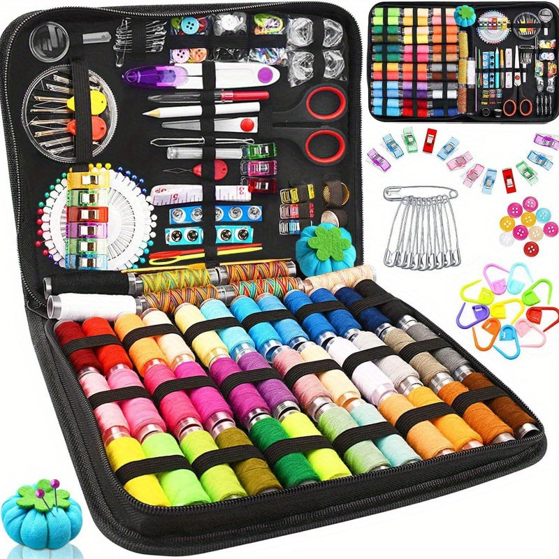 Deluxe sewing kit includes 100pcs, 30 vibrant thread colors, scissors, needles, pins, and more - perfect for quick repairs and travel projects.