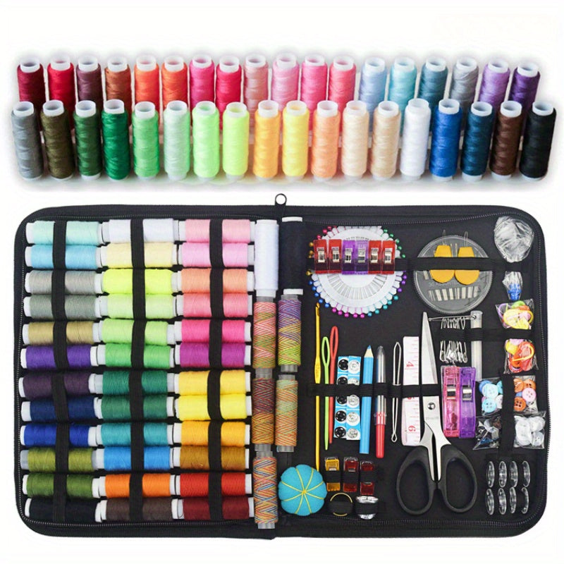 Deluxe sewing kit includes 100pcs, 30 vibrant thread colors, scissors, needles, pins, and more - perfect for quick repairs and travel projects.