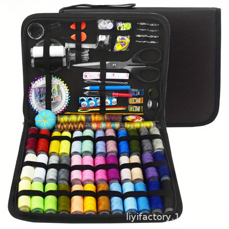 Deluxe sewing kit includes 100pcs, 30 vibrant thread colors, scissors, needles, pins, and more - perfect for quick repairs and travel projects.