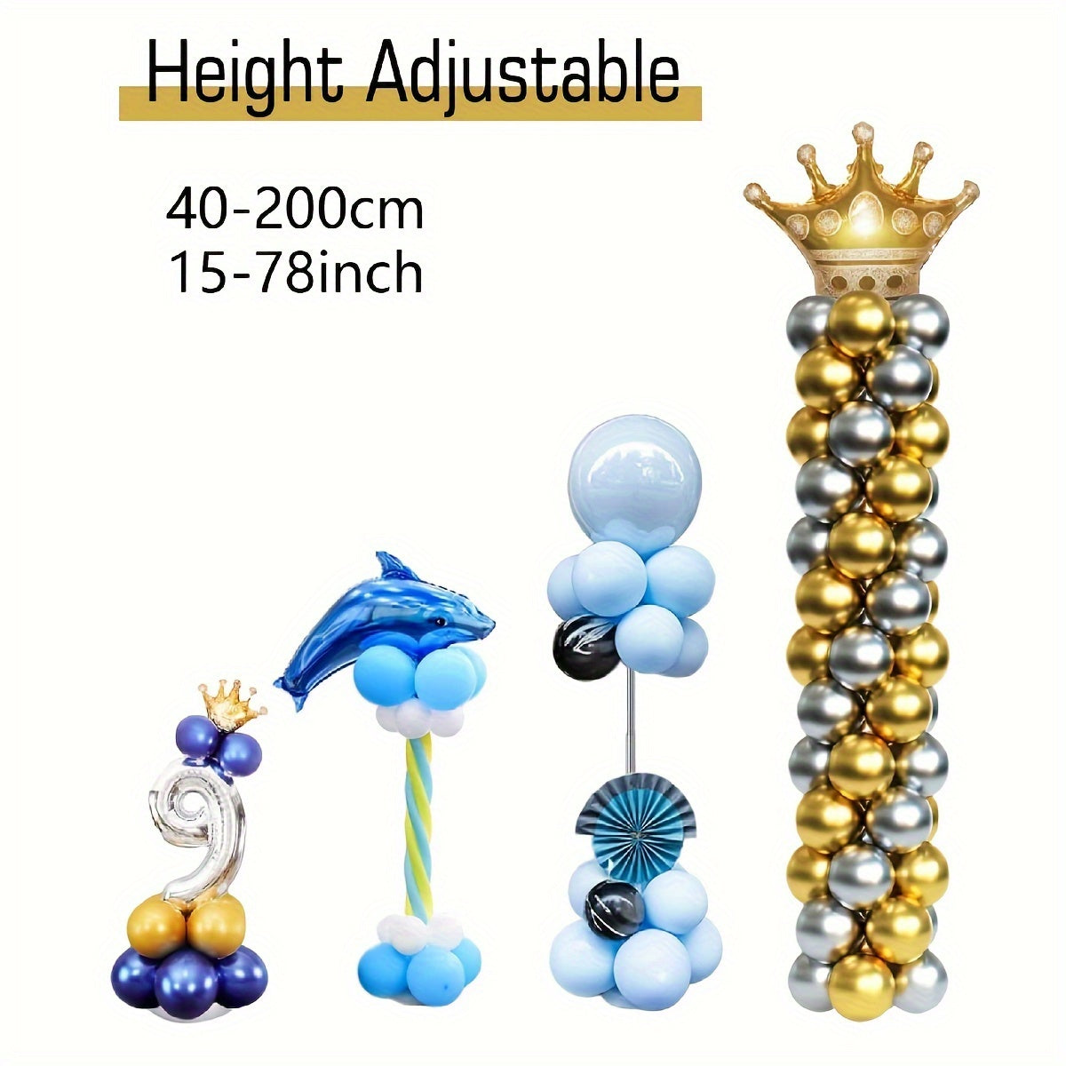 Balloon column stand kit with adjustable metal telescopic design for graduation parties, birthdays, and weddings.