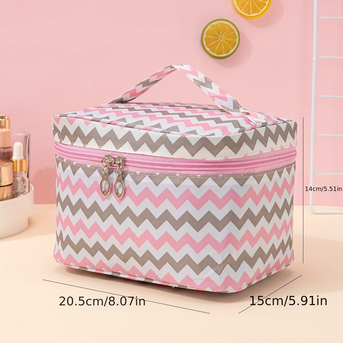 Travel portable makeup bag with ample storage capacity and convenient zipper closure, perfect for keeping makeup essentials organized while on the go.