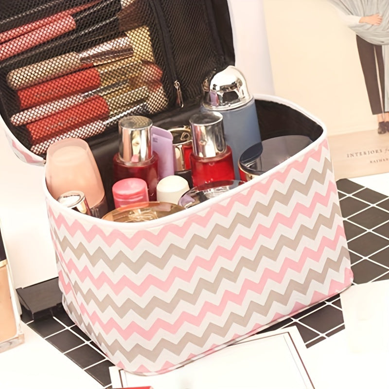 Travel portable makeup bag with ample storage capacity and convenient zipper closure, perfect for keeping makeup essentials organized while on the go.