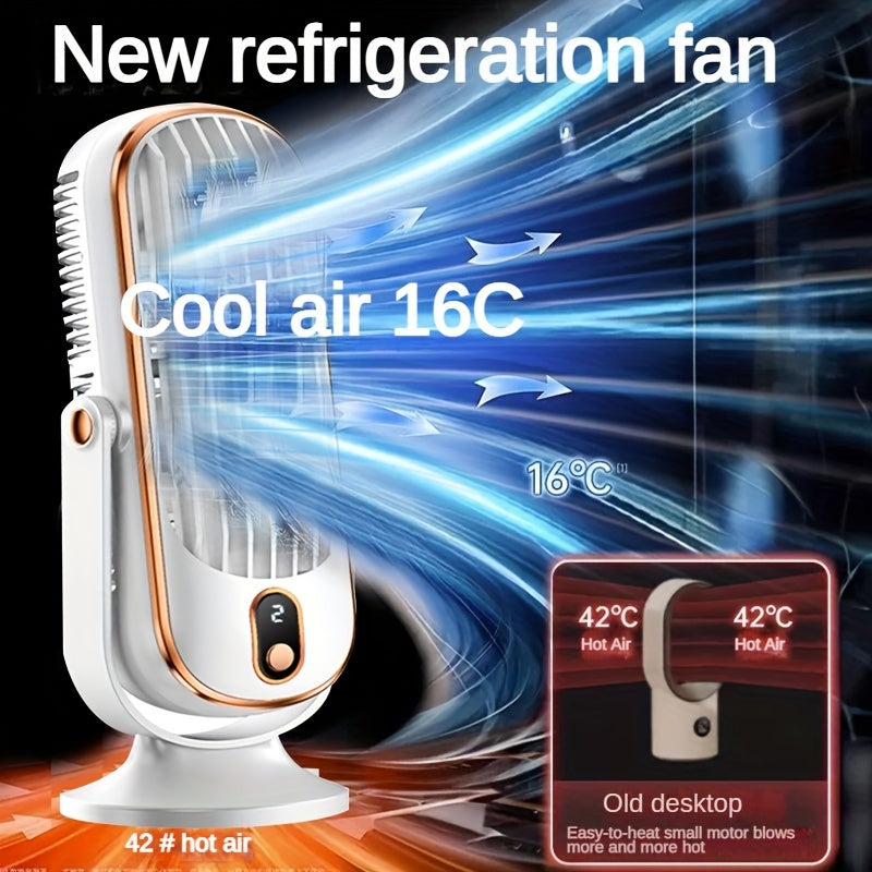 Portable air conditioner fan with dual motor, 5-speed cooling and 720° surround feature. Comes with USB rechargeable battery for use in office, travel, camping and outdoors.