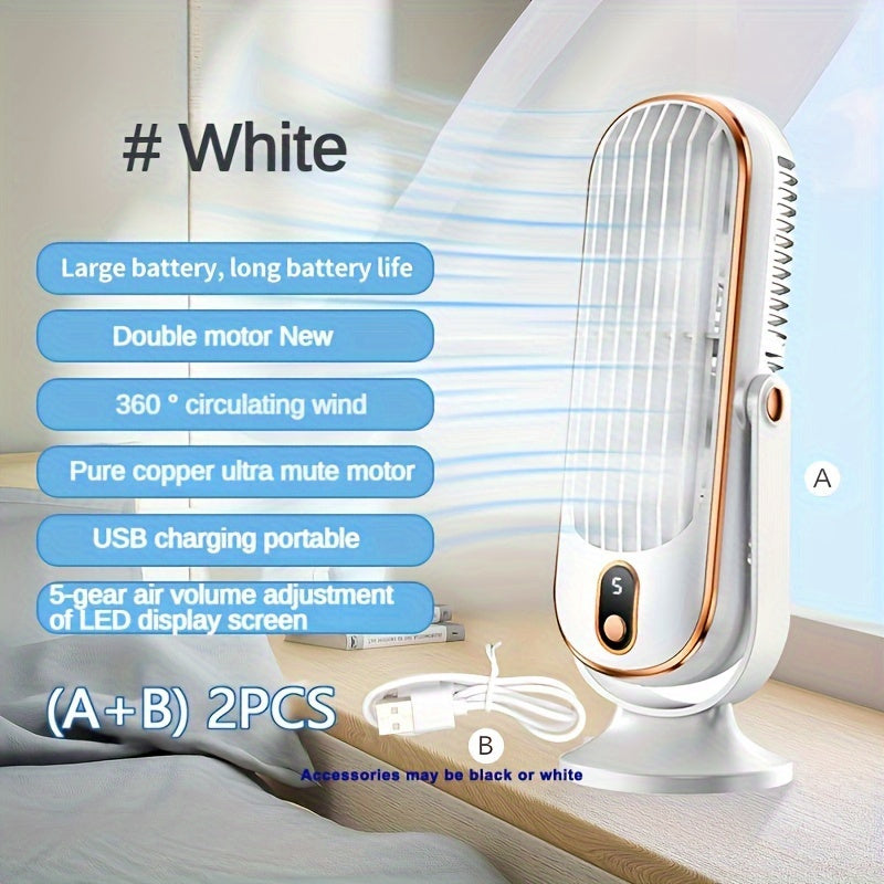 Portable air conditioner fan with dual motor, 5-speed cooling and 720° surround feature. Comes with USB rechargeable battery for use in office, travel, camping and outdoors.