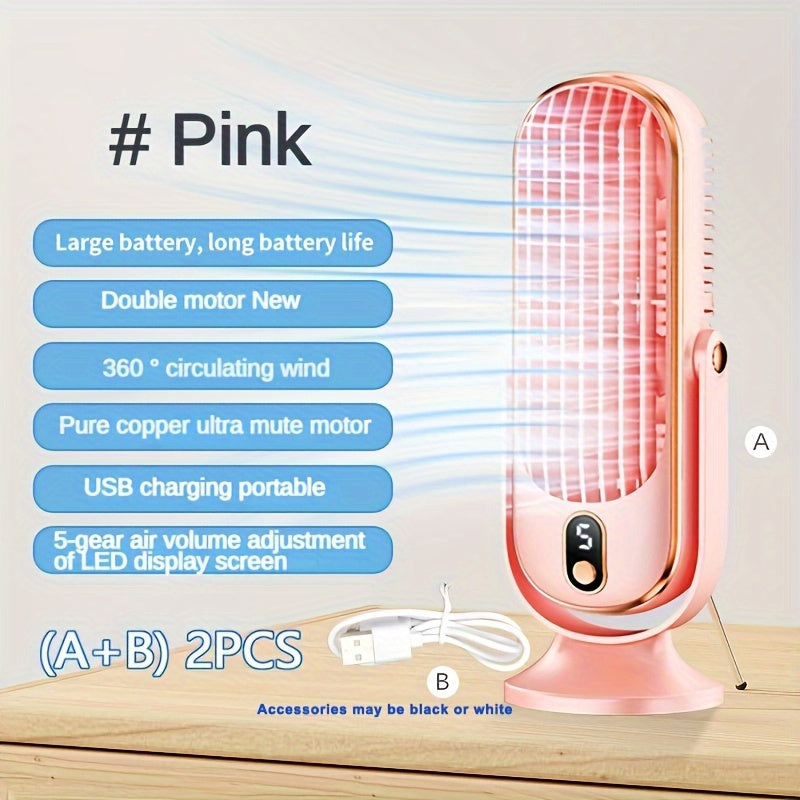 Portable air conditioner fan with dual motor, 5-speed cooling and 720° surround feature. Comes with USB rechargeable battery for use in office, travel, camping and outdoors.