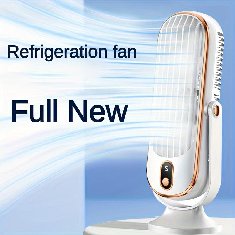 Portable air conditioner fan with dual motor, 5-speed cooling and 720° surround feature. Comes with USB rechargeable battery for use in office, travel, camping and outdoors.