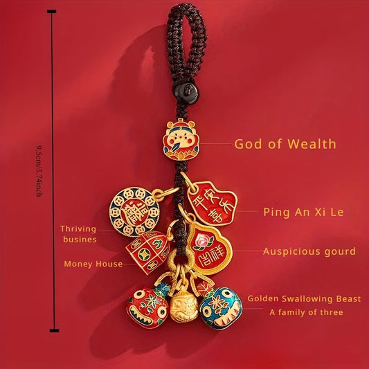 Golden Keychain Pendant featuring the Lucky God of Wealth, an Ancient design with a Copper Swallowing Golden Beast, perfect for hanging on a car bag or bringing luck to a family of three.