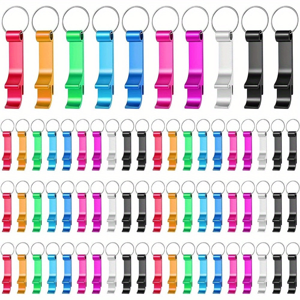 A pack of 100 durable aluminum bottle opener keychains in various colors for both men and women.