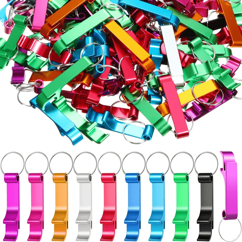 A pack of 100 durable aluminum bottle opener keychains in various colors for both men and women.