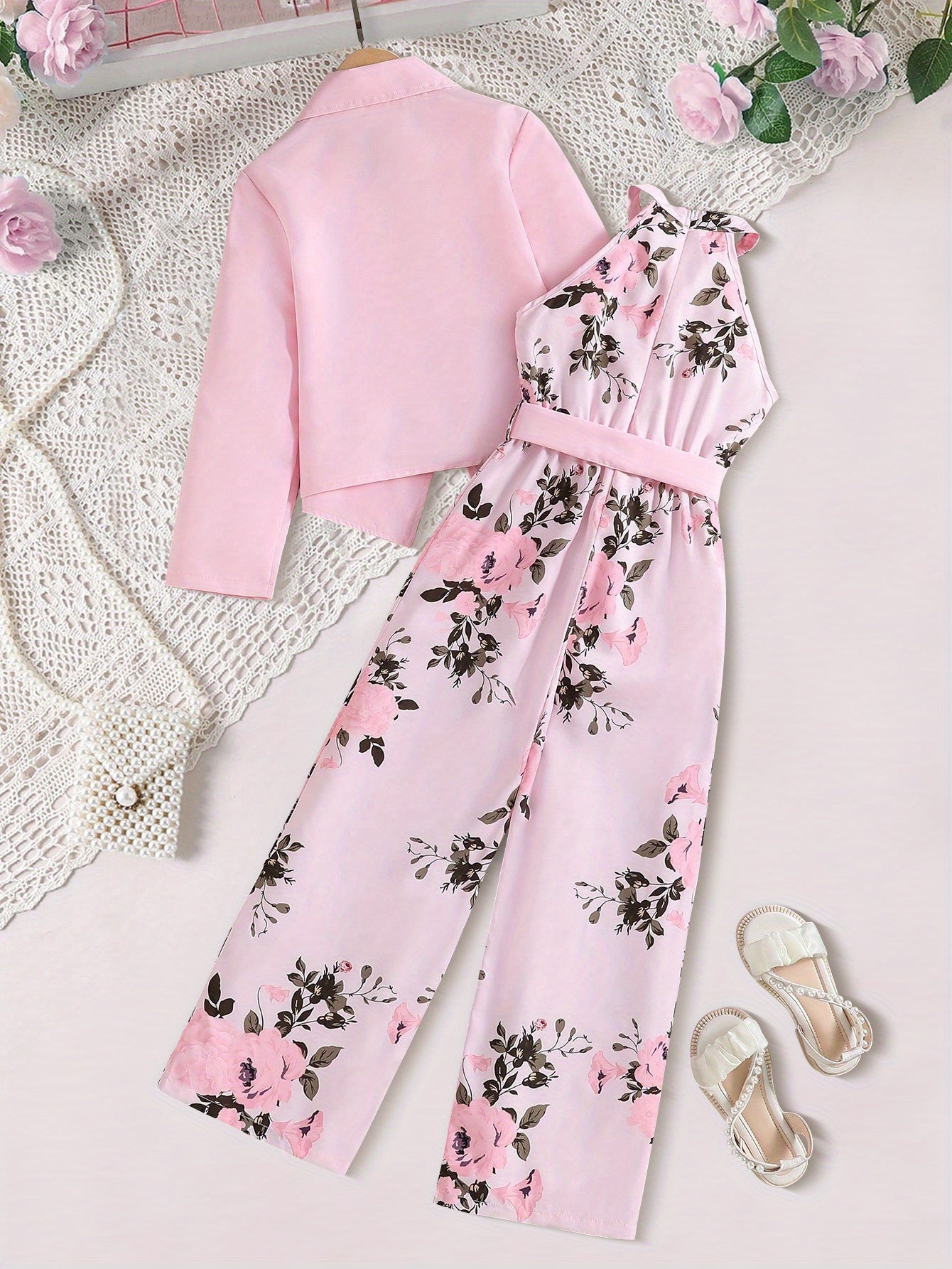 Elegant set for girls: blazer top and floral jumpsuit, perfect for spring and fall. Great gift for outdoor wear.