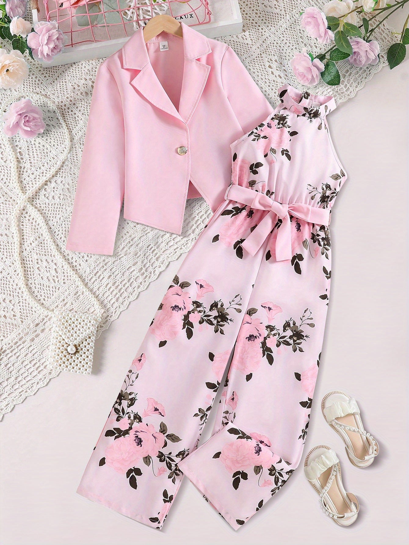 Elegant set for girls: blazer top and floral jumpsuit, perfect for spring and fall. Great gift for outdoor wear.