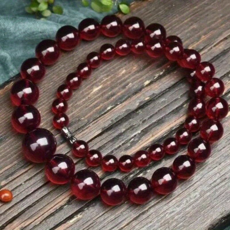 Elegant Blood Amber Beaded Necklace with Bohemian Style, No-Metal Unisex Pendant for Everyday Wear