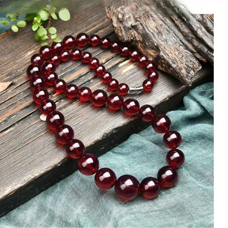 Elegant Blood Amber Beaded Necklace with Bohemian Style, No-Metal Unisex Pendant for Everyday Wear