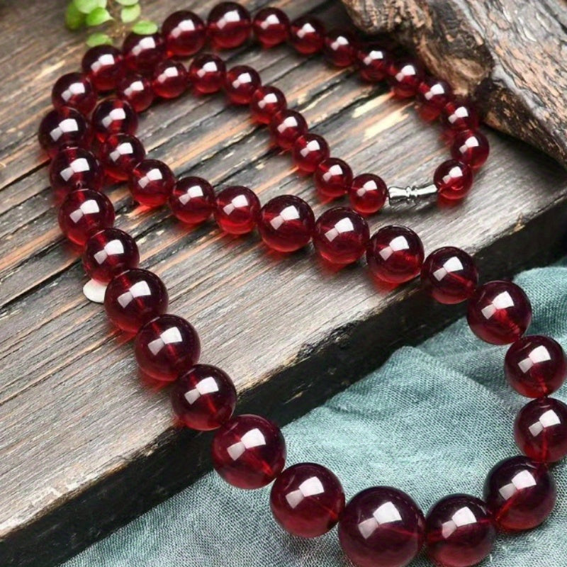 Elegant Blood Amber Beaded Necklace with Bohemian Style, No-Metal Unisex Pendant for Everyday Wear