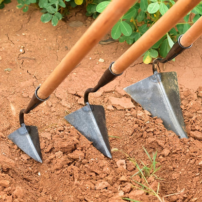 Metal garden hoe for manual weeding, tilling, and cultivating soil; versatile, durable, and ergonomic design for home gardening and farm use without electricity.