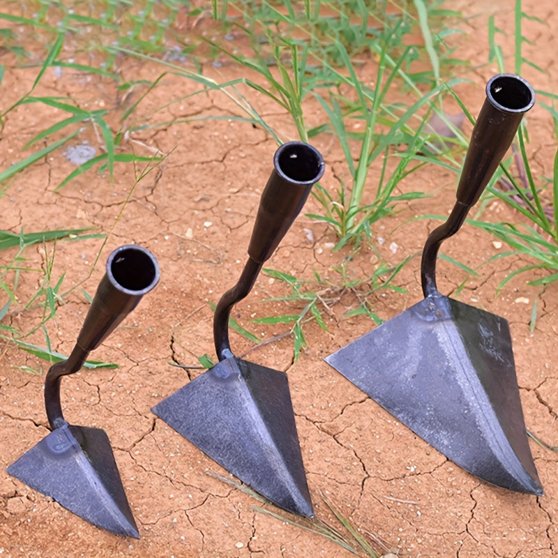 Metal garden hoe for manual weeding, tilling, and cultivating soil; versatile, durable, and ergonomic design for home gardening and farm use without electricity.