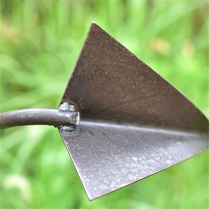 Metal garden hoe for manual weeding, tilling, and cultivating soil; versatile, durable, and ergonomic design for home gardening and farm use without electricity.