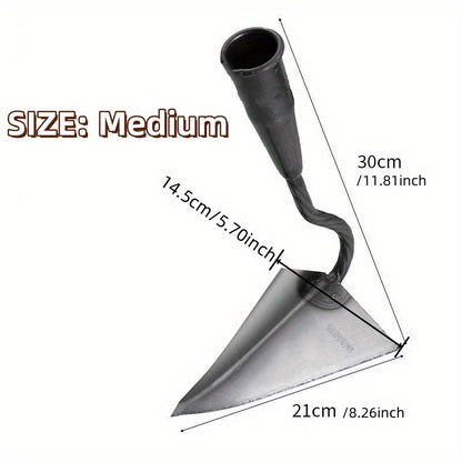 Metal garden hoe for manual weeding, tilling, and cultivating soil; versatile, durable, and ergonomic design for home gardening and farm use without electricity.