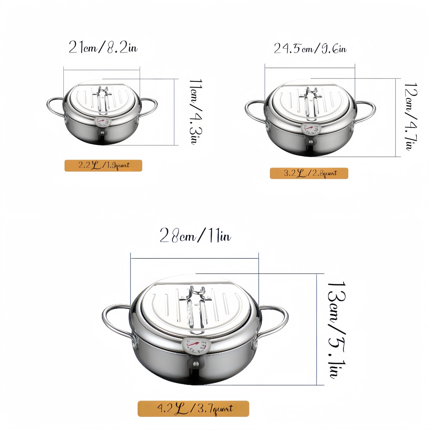 This stainless steel deep fryer comes with a lid and oil drainage rack, making it perfect for frying foods like French fries, chicken, and more. It is also dishwasher safe for easy cleaning.