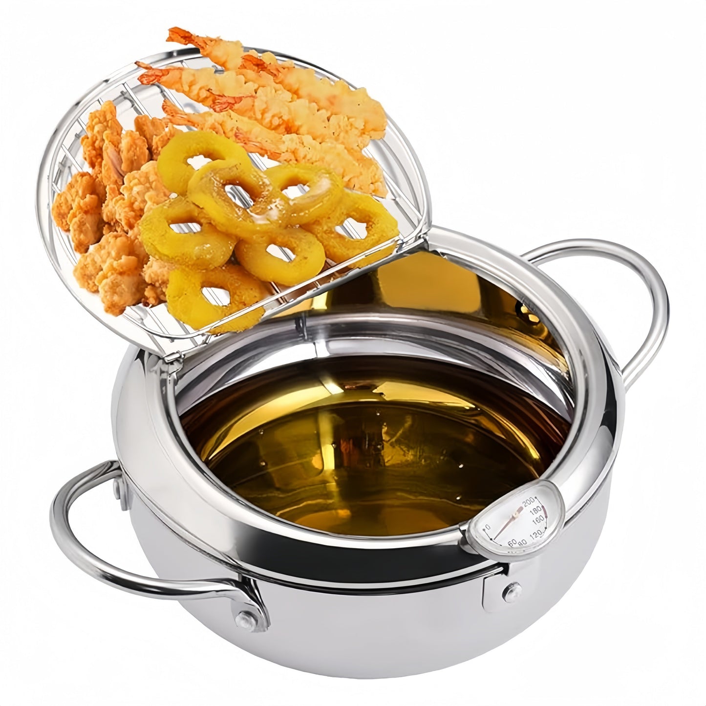 This stainless steel deep fryer comes with a lid and oil drainage rack, making it perfect for frying foods like French fries, chicken, and more. It is also dishwasher safe for easy cleaning.