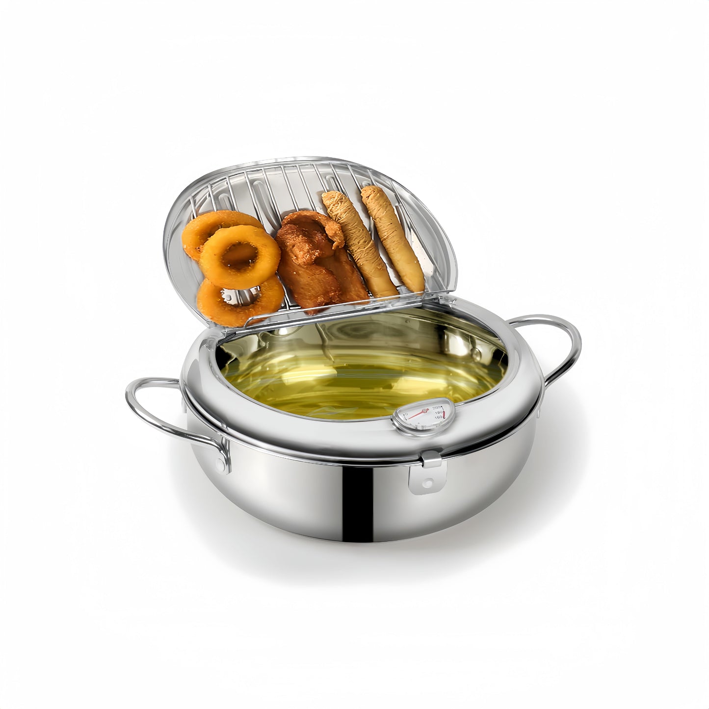 This stainless steel deep fryer comes with a lid and oil drainage rack, making it perfect for frying foods like French fries, chicken, and more. It is also dishwasher safe for easy cleaning.