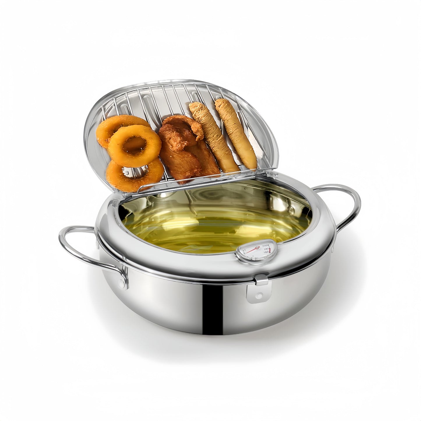 This stainless steel deep fryer comes with a lid and oil drainage rack, making it perfect for frying foods like French fries, chicken, and more. It is also dishwasher safe for easy cleaning.