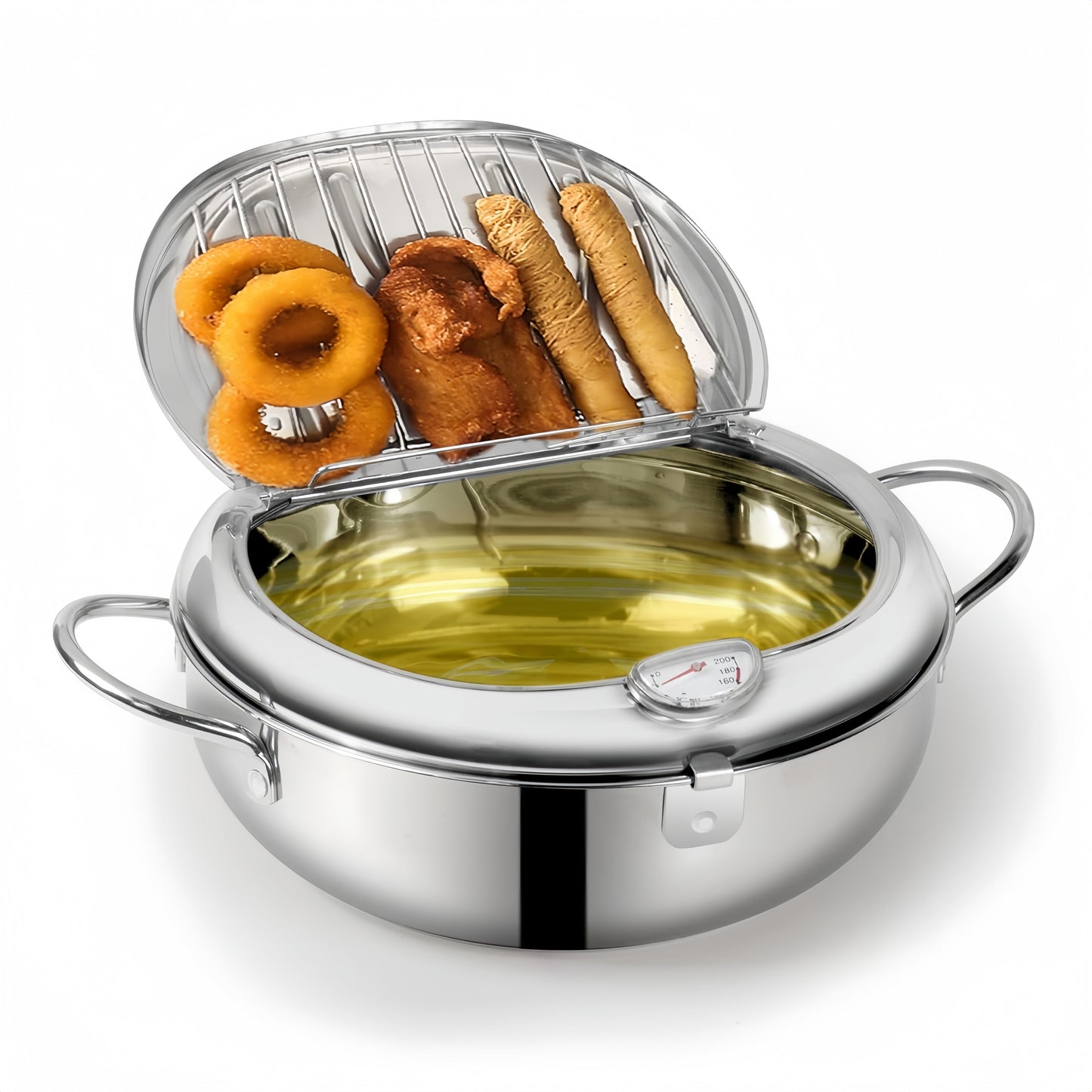 This stainless steel deep fryer comes with a lid and oil drainage rack, making it perfect for frying foods like French fries, chicken, and more. It is also dishwasher safe for easy cleaning.