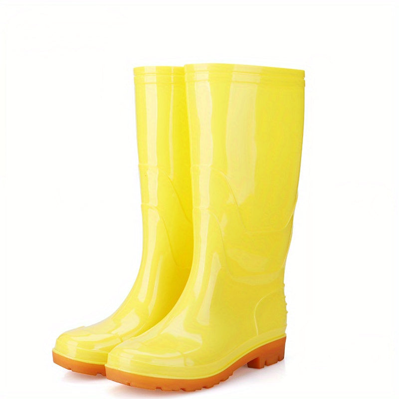 Unisex tall rain boots in black, white, yellow, camouflage with non-slip rubber sole.