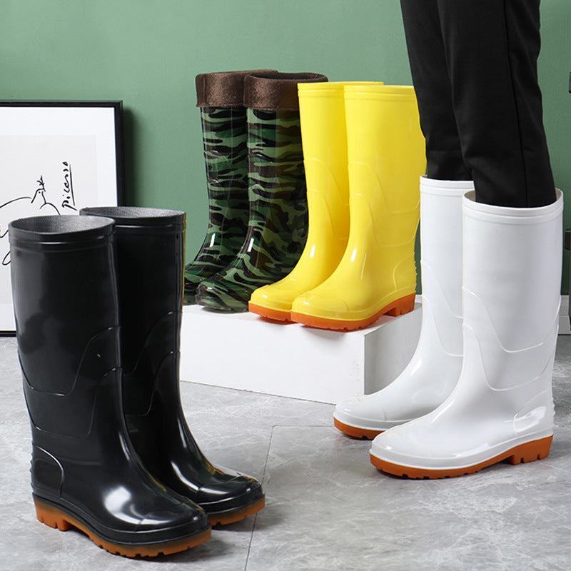 Unisex tall rain boots in black, white, yellow, camouflage with non-slip rubber sole.