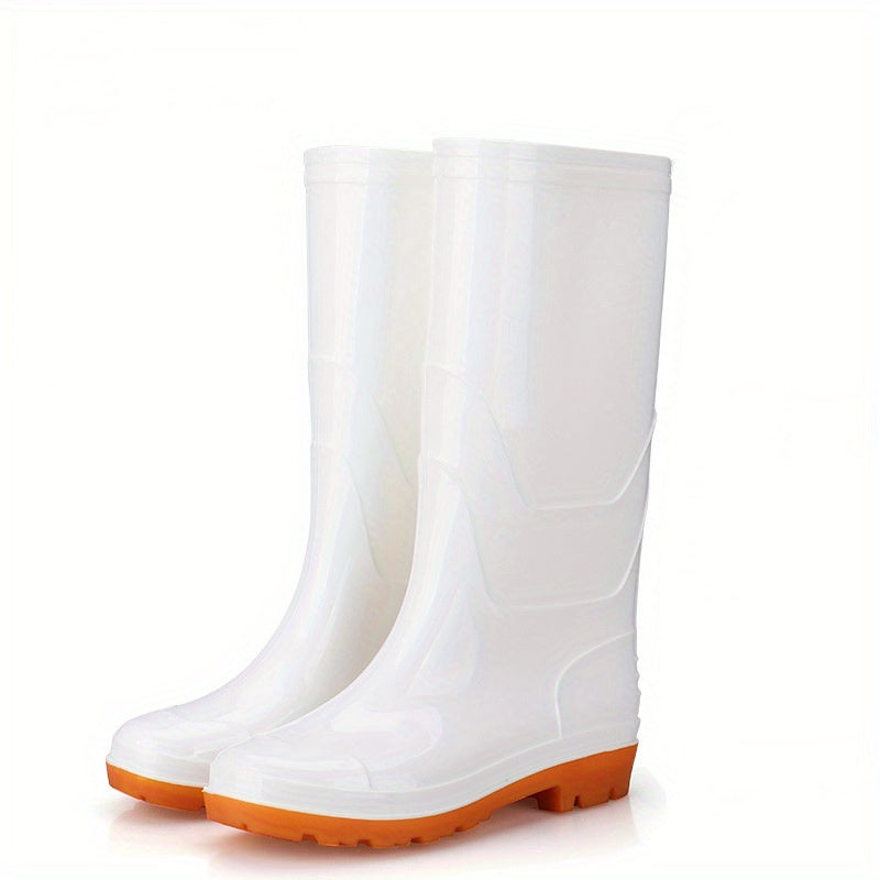 Unisex tall rain boots in black, white, yellow, camouflage with non-slip rubber sole.