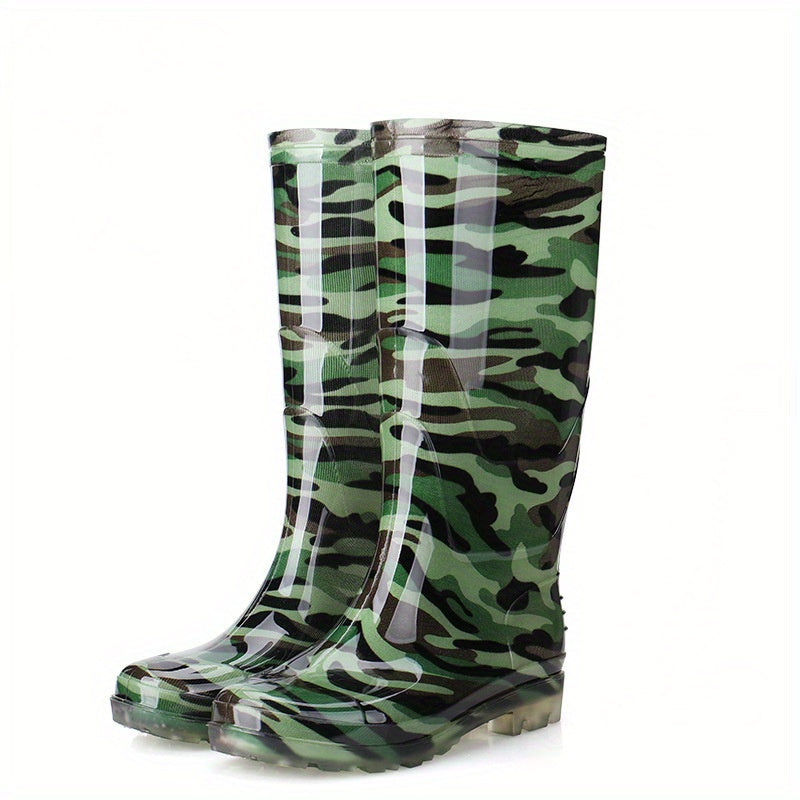 Unisex tall rain boots in black, white, yellow, camouflage with non-slip rubber sole.