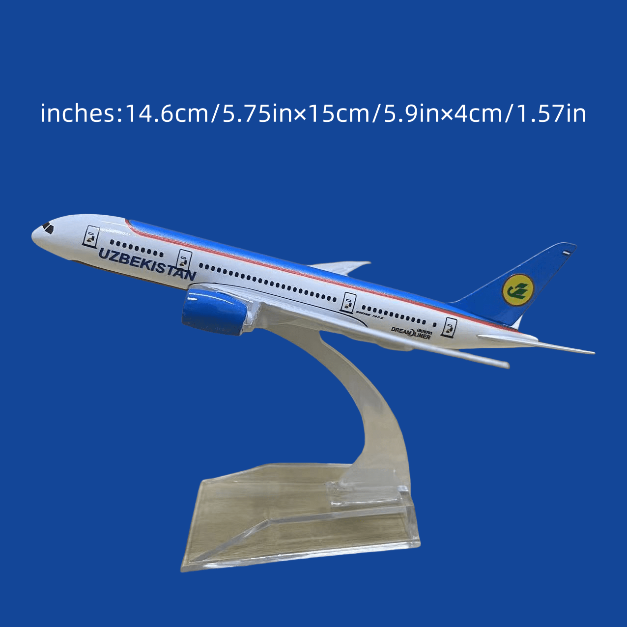 Uzbekistan Boeing B787 Alloy Airplane Model, Blue static display for aviation enthusiasts and office decor collectors.