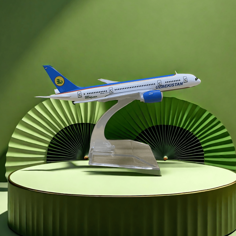 Uzbekistan Boeing B787 Alloy Airplane Model, Blue static display for aviation enthusiasts and office decor collectors.