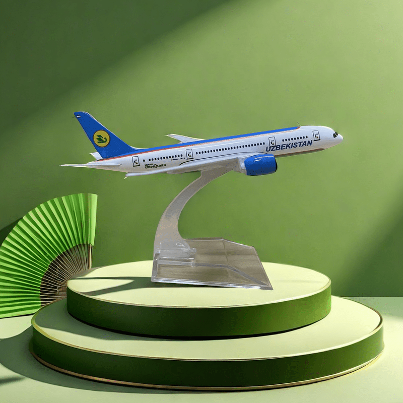 Uzbekistan Boeing B787 Alloy Airplane Model, Blue static display for aviation enthusiasts and office decor collectors.