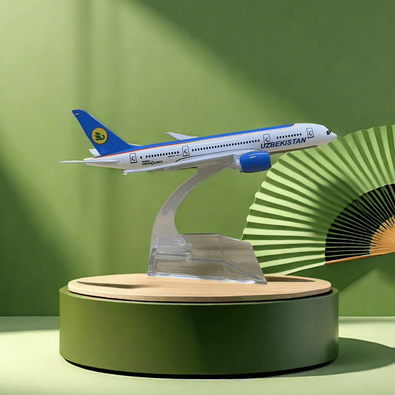 Uzbekistan Boeing B787 Alloy Airplane Model, Blue static display for aviation enthusiasts and office decor collectors.